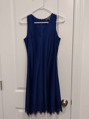 Donna Ricco Navy Sleeveless Midi Dress with Laser-Cut Hem
